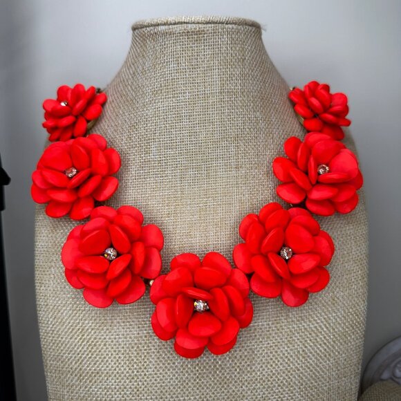 J. Crew Orange Floral Statement Necklace W/ Crystal Accents & Gold-Tone Chain - Picture 2 of 10